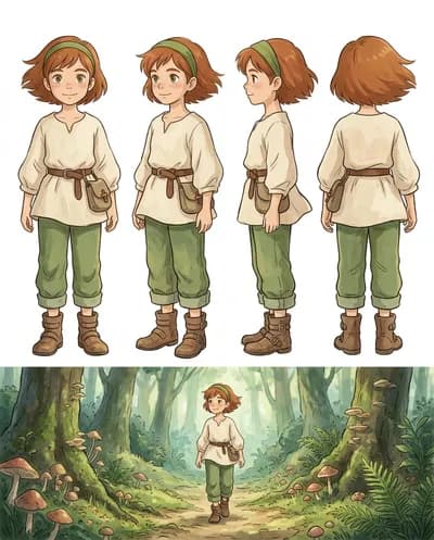 Una hoja de diseño de personaje completo que presenta a una joven aventurera en un estilo de animación caprichoso dibujado a mano que recuerda a la animación
