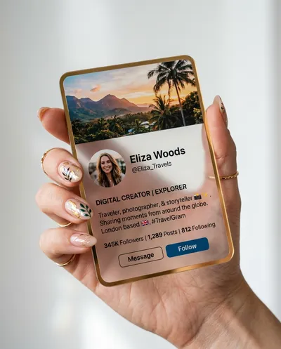 A woman's elegant hand with polished artistic nail art holding a transparent acrylic card that features...