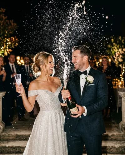 Luxury wedding campaign image of a bride and groom with a frozen champagne splash, both laughing joyfully against a dark elegant background, droplets caught in