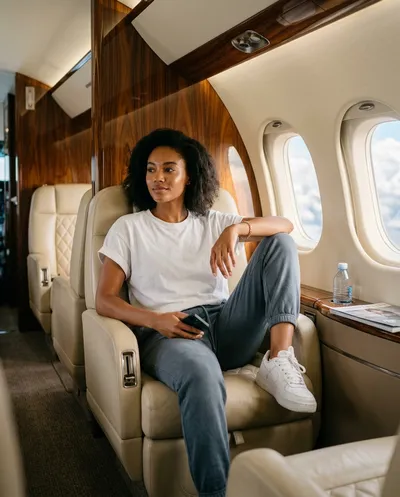 A full-body photograph of a stylish young woman seated inside a private jet cabin, surrounded by cream-colored buttery leather seats...