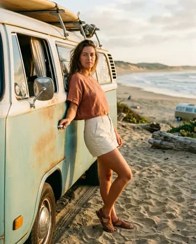 صورة شخصية سينمائية خارجية لشابة تستند إلى عربة تخييم عتيقة متوقفة على شاطئ رملي في...
