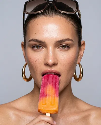 High-fashion beauty close-up of a woman biting a colorful popsicle with intense gaze, glossy skin highlights, and bold hoop earrings