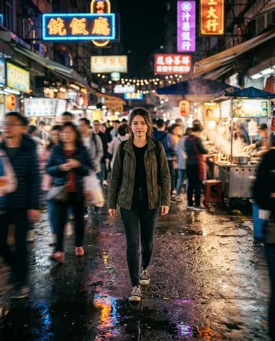 A highly cinematic photograph of a person walking directly toward the camera through a busy street market at night, their...