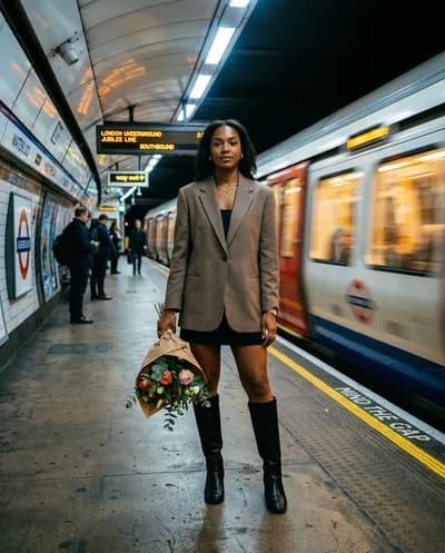 A cinematic photograph of a woman standing on a subway platform facing the camera, perfectly still and razor-sharp in focus,...