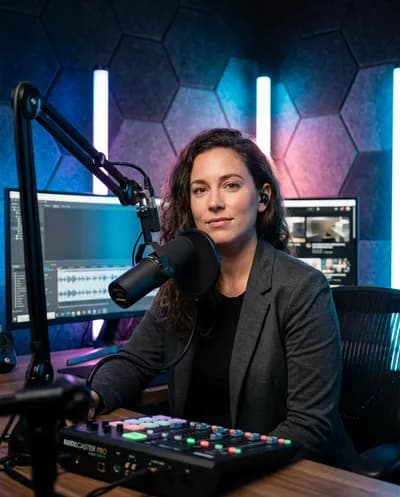 Content creator at a podcast desk with condenser mic, professional key lighting on face, colorful LED tubes glowing on acoustic panels