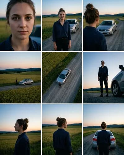 A cinematic three-by-three grid presenting nine distinct camera angles of the same female subject photographed outdoors at dusk on a...