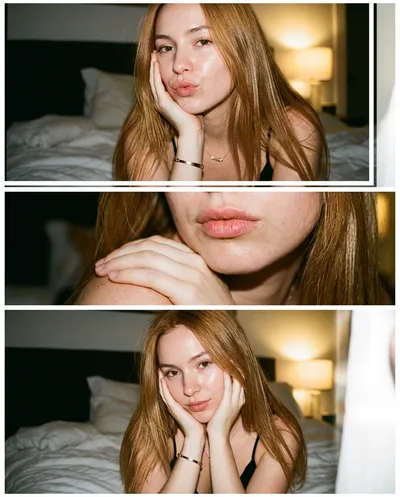 Three-frame vertical flash photography collage of a woman in bedroom setting — portrait, lip macro, and face-framing poses