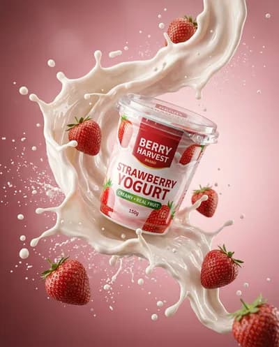 Ultra-realistic commercial product photography of a strawberry yogurt cup floating mid-air in a dynamic composition, surrounded by a dramatic milk...