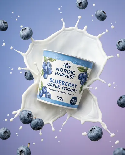 A high-end commercial product photograph of a yogurt cup captured mid-air with dynamic motion as the container tilts slightly forward,...
