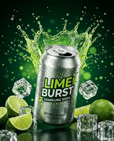 A hyper-realistic 8K UHD product shot of an aluminum soda can rendered with extreme micro-detail, zero noise, and clean gradients...