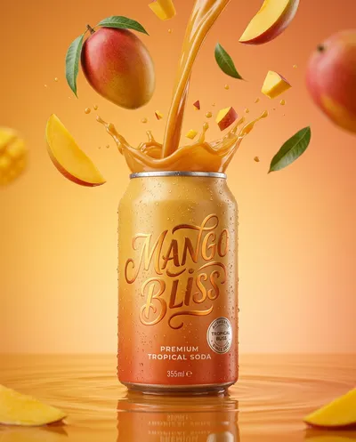 Ultra-realistic high-end beverage product photography set in a premium studio environment with a seamless gradient background inspired by ripe mango...