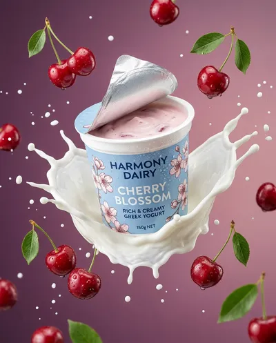 A high-end commercial product photograph of a yogurt cup captured mid-air with dynamic motion as the container tilts slightly forward,...