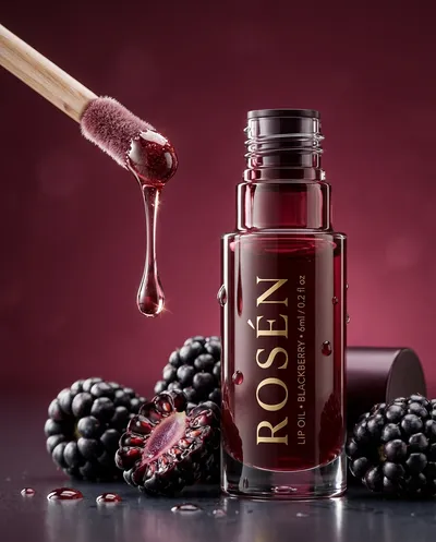 A high-end commercial beauty product photograph of a premium lip oil bottle placed slightly off-center against a rich deep mulberry-red...