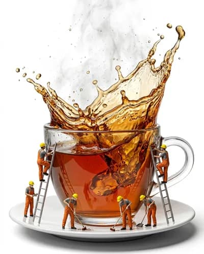 An ultra-realistic 8K macro product shot against a pure white background. A giant transparent glass teacup as the hero product...