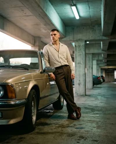 Low-angle editorial portrait of a young man leaning against a champagne gold BMW E24 in a concrete parking structure with atmospheric haze