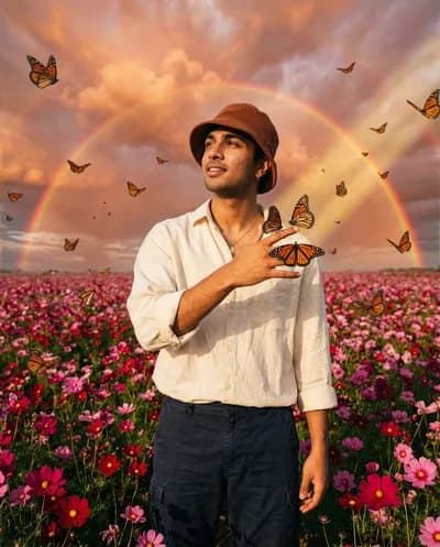 Young South Asian man in a magenta cosmos flower field, Monarch butterflies on his outstretched hand, double rainbow in epic golden-hour sky