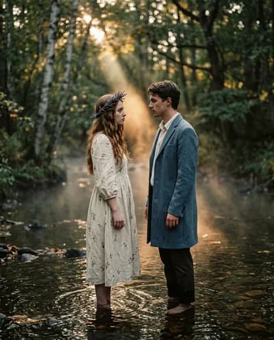 A couple standing ankle-deep in a forest creek at golden hour, locked in intense eye contact, amber dappled light filtering through birch and oak canopy