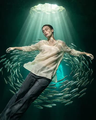 Androgynous model drifting weightlessly in an emerald cenote surrounded by a spiraling vortex of silver anchovies, sunlight shafts from above