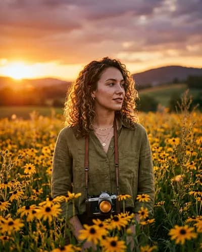 Golden hour portrait in a field of black-eyed Susans with dramatic sunset sky and luminous hair rim-light