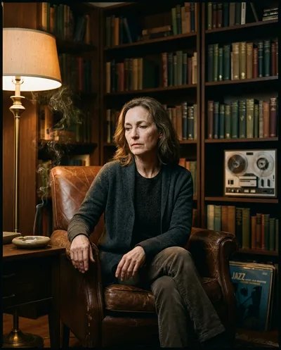 Full-body vintage study portrait seated in a leather armchair with warm tungsten light, bookshelves and vinyl records behind