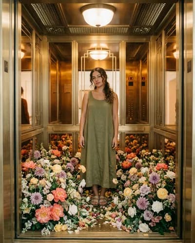 Surreal portrait standing in a brass Art Deco elevator with the floor covered in fresh coral, yellow, and purple flowers