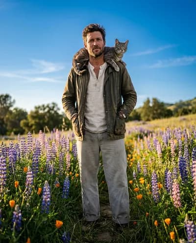 Full-body golden hour portrait in a wildflower meadow with a gray tabby cat perched calmly on the shoulder
