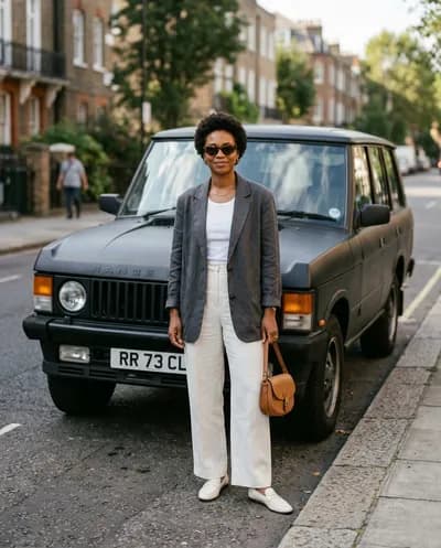 Mulher elegante em um blazer grafite e calças off-white ao lado de um Range Rover vintage preto fosco, luz suave da tarde