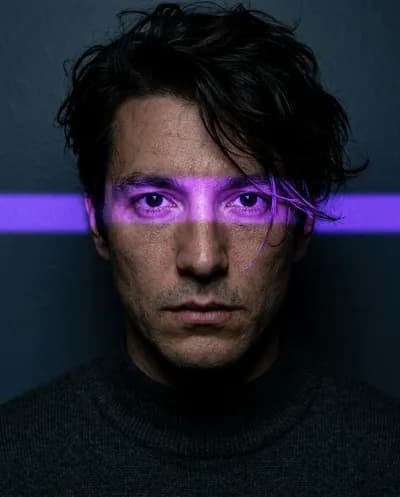 Dramatic close-up portrait with a razor-thin violet neon light band illuminating only the eyes against deep shadow