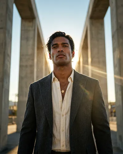 Retrato editorial em ângulo baixo de um homem em um blazer espinha de peixe com um halo de sol brilhante atrás de sua cabeça, reflexo de lente, pilares de