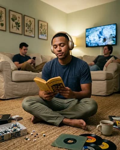 Serene living room portrait of a young man in headphones reading on a jute rug, friends on sofa soft in background