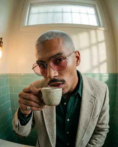 Portrait extrême fisheye d'un homme en train de siroter une tasse d'espresso en grès, distorsion en barillet, salle de bain vintage carrelée vert d'eau