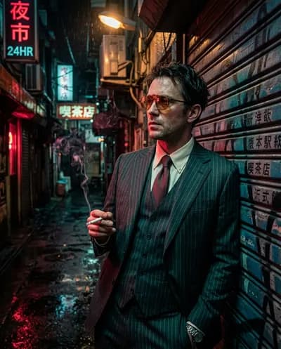 Man in charcoal pinstripe suit leaning against a graffitied steel shutter in a rain-slicked alley, crimson neon reflection, cigarette smoke, neo-noir