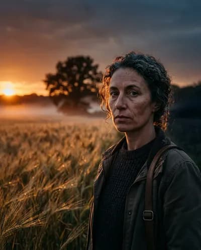 Atmospheric golden hour portrait in a misty barley field with a lone oak tree silhouette, copper-amber rim light and indigo shadows