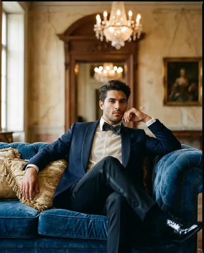 Homme en smoking minuit alangui sur un canapé Chesterfield en velours saphir, bokeh de lustre, lumière sculpturale dans une pièce néoclassique