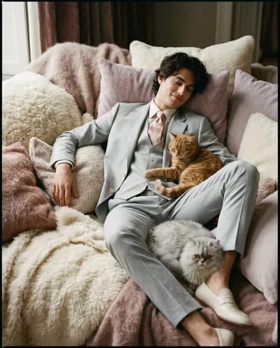 Mannequin homme alangui dans un nid d'oreillers crème et mauves avec un chat tigré roux sur sa poitrine et un Persan gris à ses chevilles