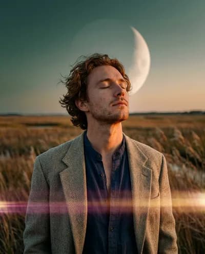 Low-angle cinematic portrait of a man with auburn hair, eyes closed, massive peach moon behind his head, salt marsh at dusk with anamorphic flares