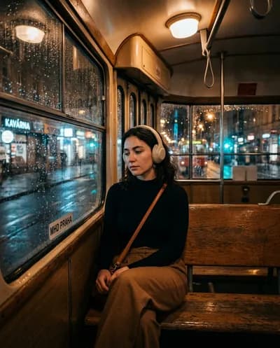 View through a rain-streaked tram window at night, person in black mock-neck and cream headphones sitting alone, blurred city lights smearing past