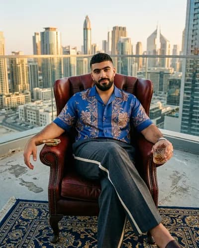 Arabischer Mann sitzt in einem oxbloodfarbenen Ohrensessel auf einem Dach, moderne nahöstliche Skyline, goldene Stunde, kobaltblauer Seidenhemd