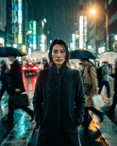 Rain-soaked person standing still in a city street at night, dense crowd rushing past in motion blur, neon reflections in wet pavement