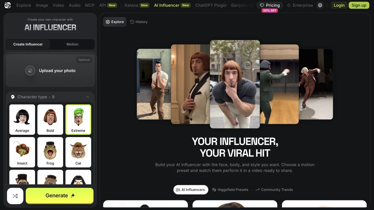 Higgsfield Create Influencer panel with character-type choices.