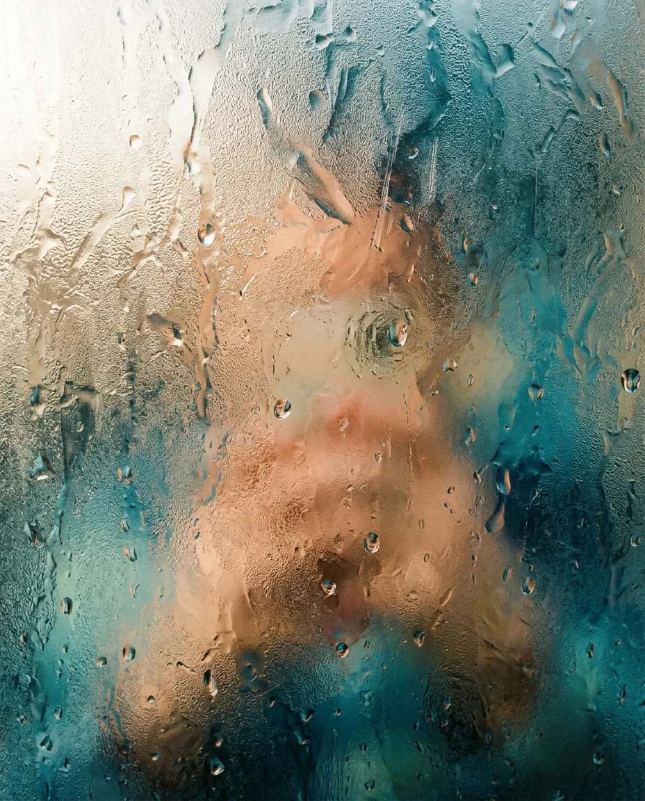 An extreme macro photograph of a frosted glass surface with a blurred subject visible behind it, shot as an abstract...
