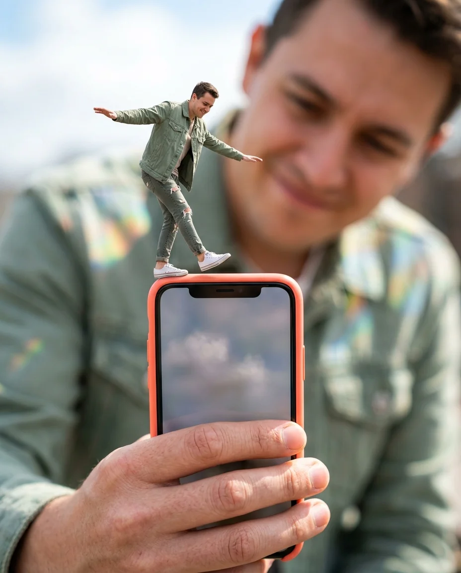 Una fotografía compuesta surrealista con la misma ilusión de perspectiva forzada, el teléfono ahora sostenido verticalmente en primer plano. Una mano agarra...