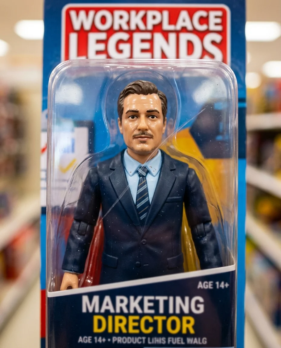 Makro-Nahaufnahme des Gesichts und Oberkörpers der Actionfigur durch die durchsichtige Plastikblase