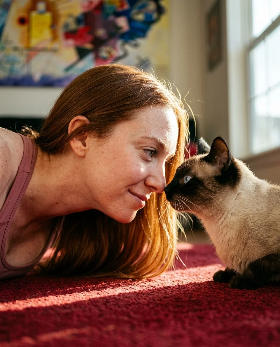 Close-up of a woman and Siamese cat lying face-to-face on a red floor, noses nearly touching, abstract painted wall blurred behind