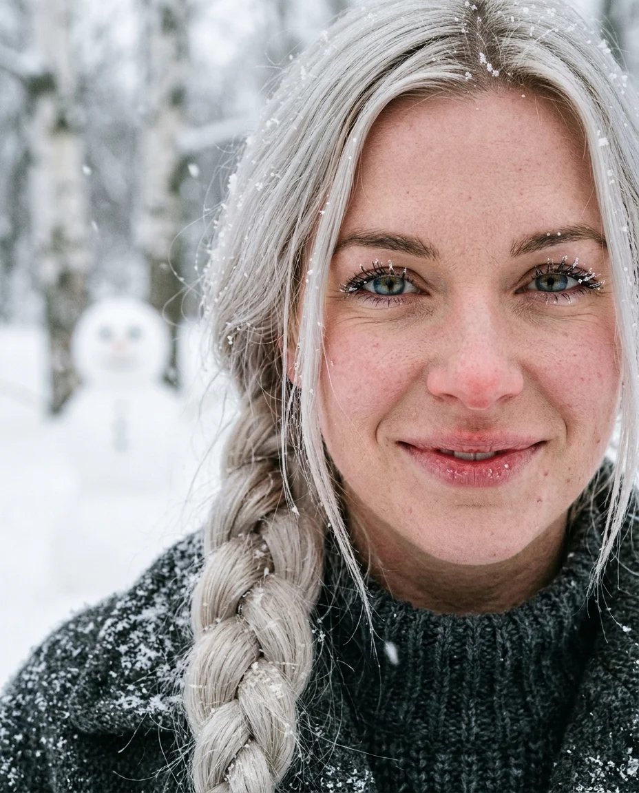 Winter close-up with cold-flushed cheeks and snowflakes on eyelashes, snowman soft in background, platinum braid and icy highlights
