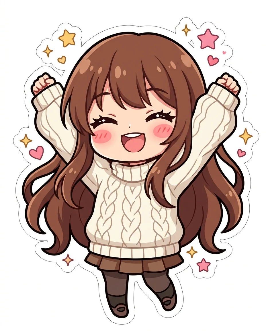 Ein einzelnes Chibi-Anime-Mädchen-Stickerdesign mit einem strahlenden glücklichen Ausdruck, vergrößert, um den Rahmen auszufüllen. Der Charakter hat...
