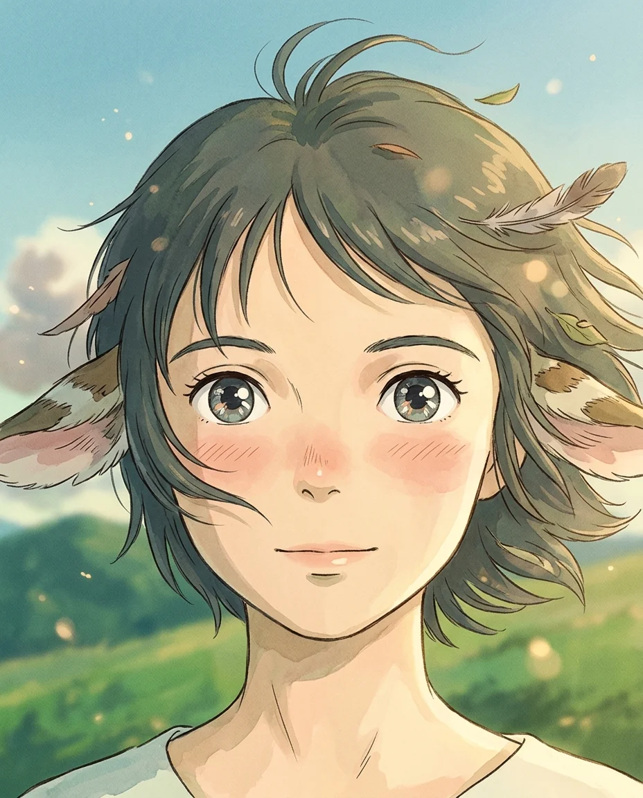 لقطة مقربة بأسلوب Ghibli لوجه نفس الشخصية بعيون كبيرة لامعة معبرة وشعر مهب بالرياح.
