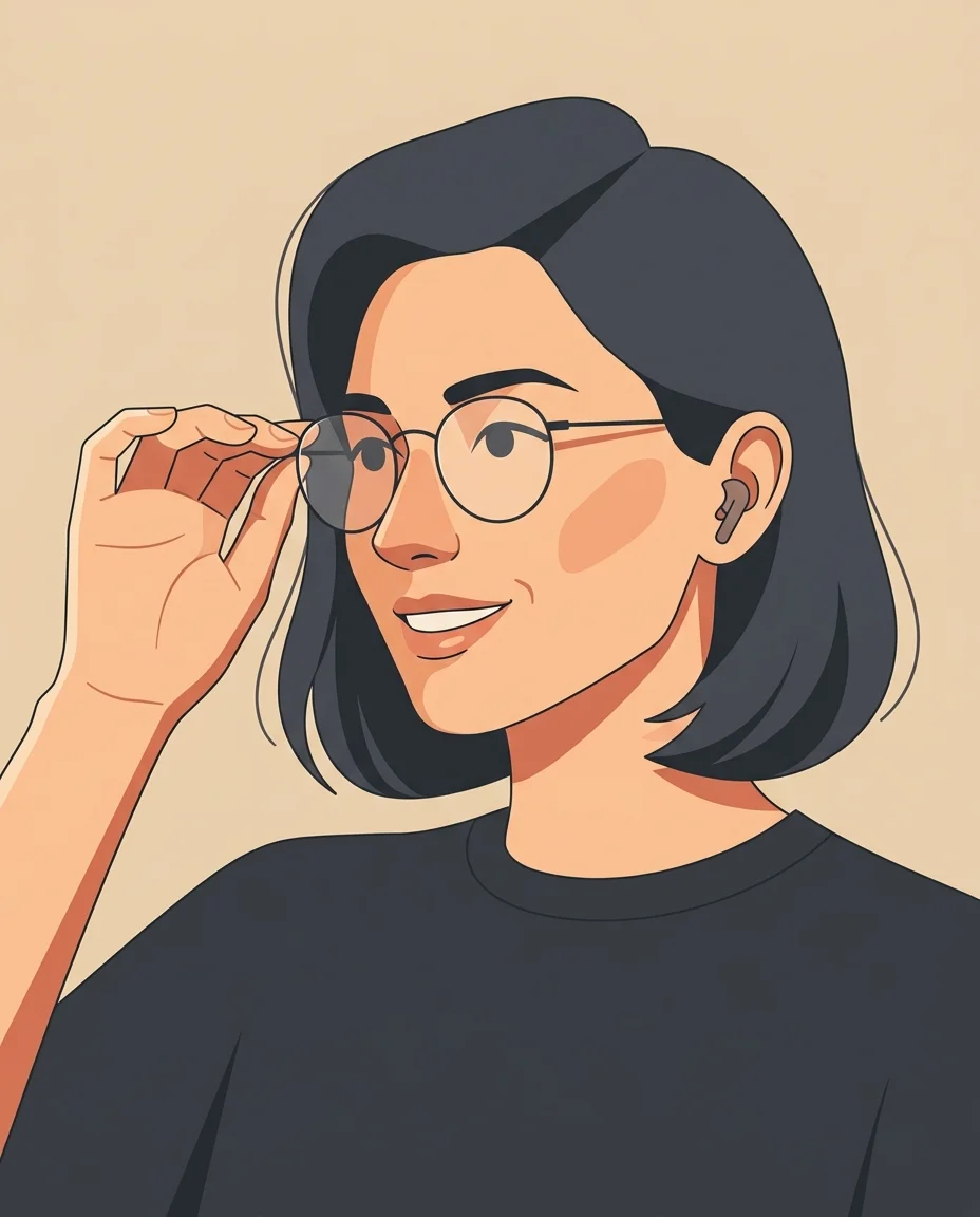 Flat vector portrait in three-quarter view, one hand adjusting round glasses, subtle gesture adding dynamism, warm sand background, clean editorial vector style