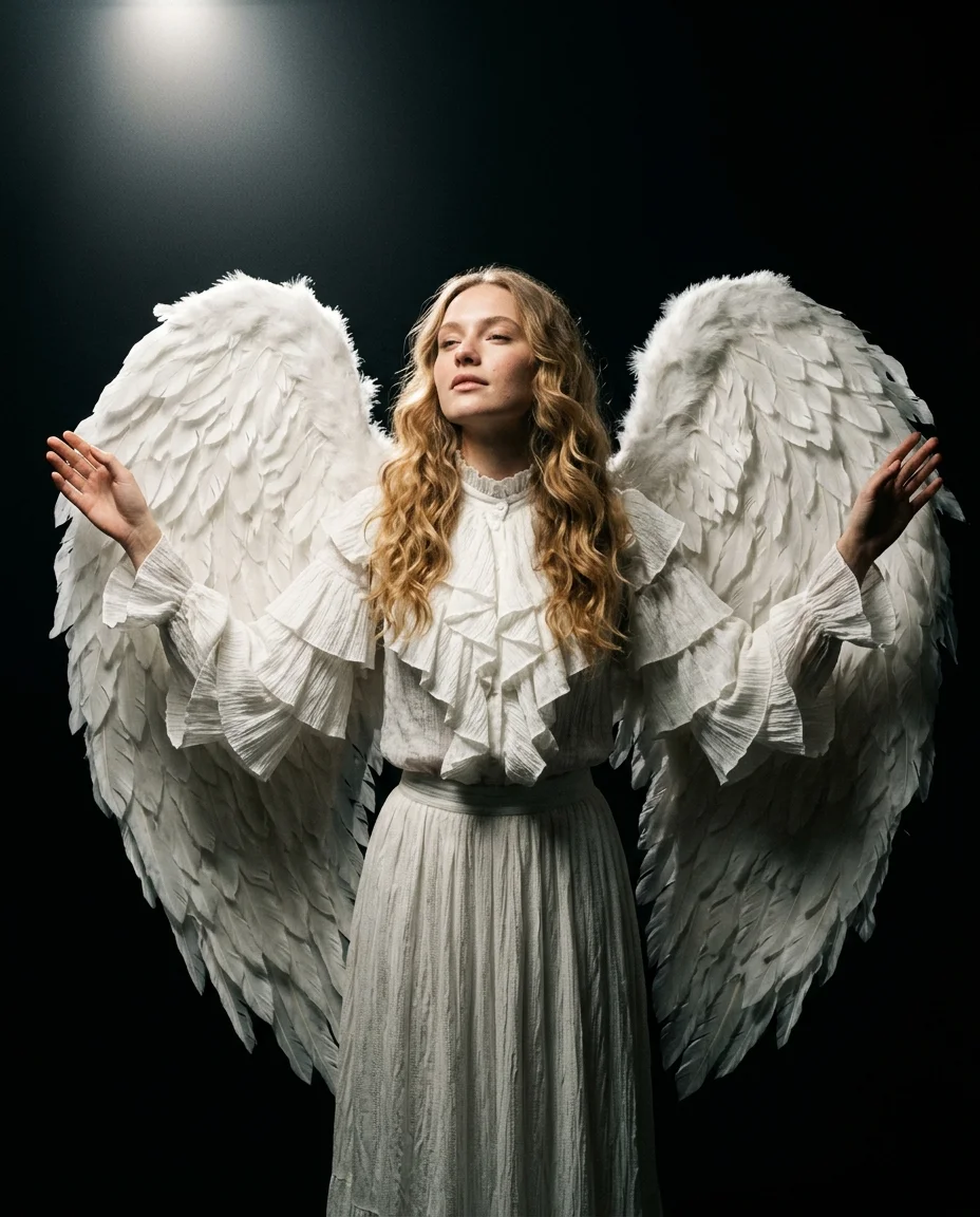 Editorial de moda de divinas alas de ángel sobre fondo negro, brazos levantados, foco potente sobre blusa blanca con volantes y alas.