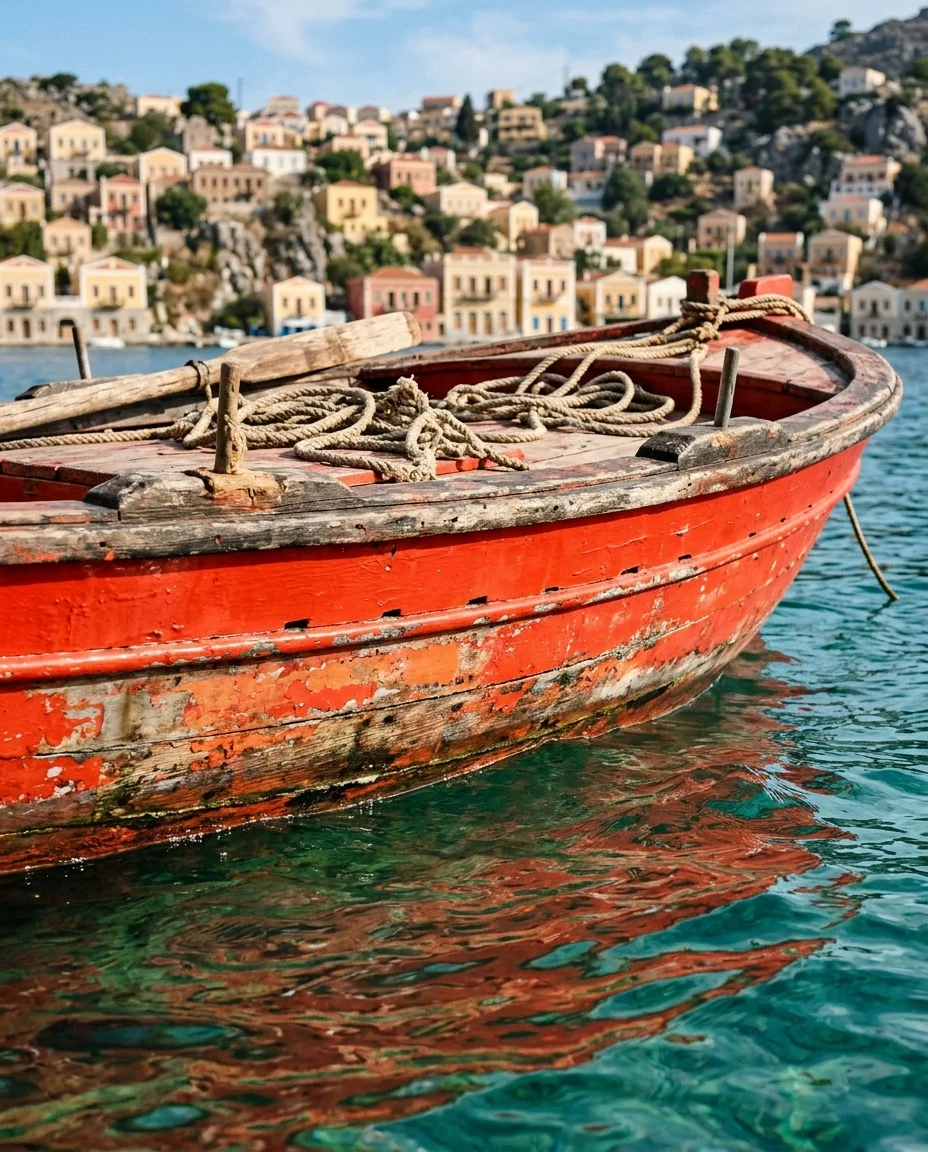 Une photographie réaliste en gros plan d'un bateau de pêche traditionnel en bois d'un rouge vermillon vif flottant sur une eau de mer turquoise-verte. Le...
